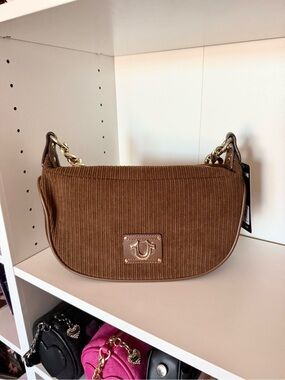 True Religion Brown Corduroy Shoulder Bag with Gold Chain